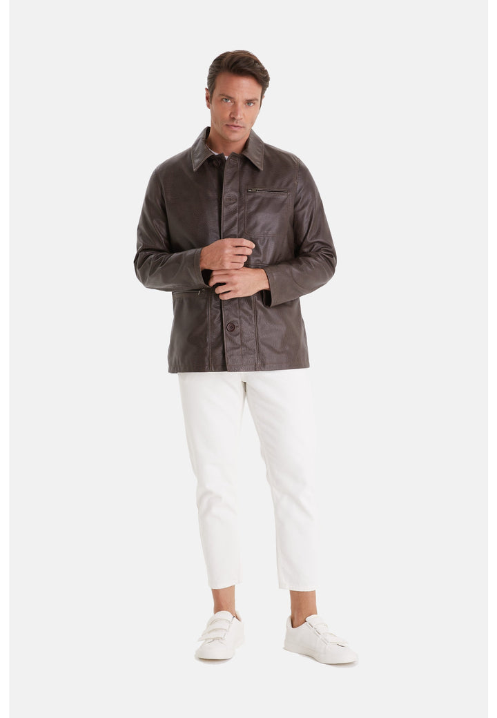 Man wearing brown leather jacket