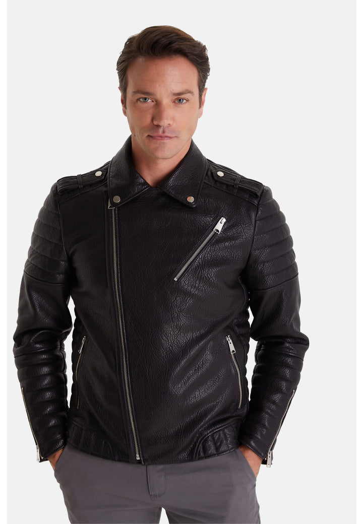 Man wearing black leather biker jacket