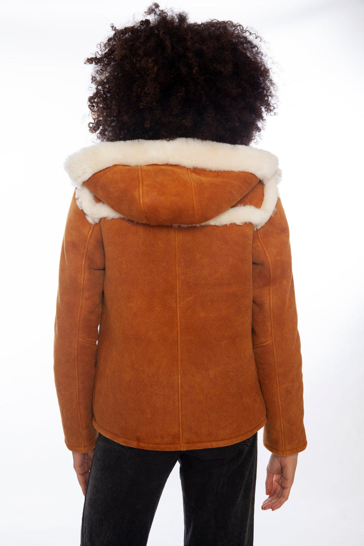 Back view tan sheepskin jacket with hood