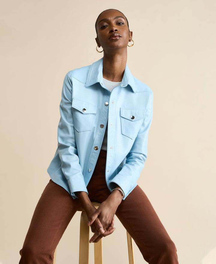 Light blue leather shirt jacket