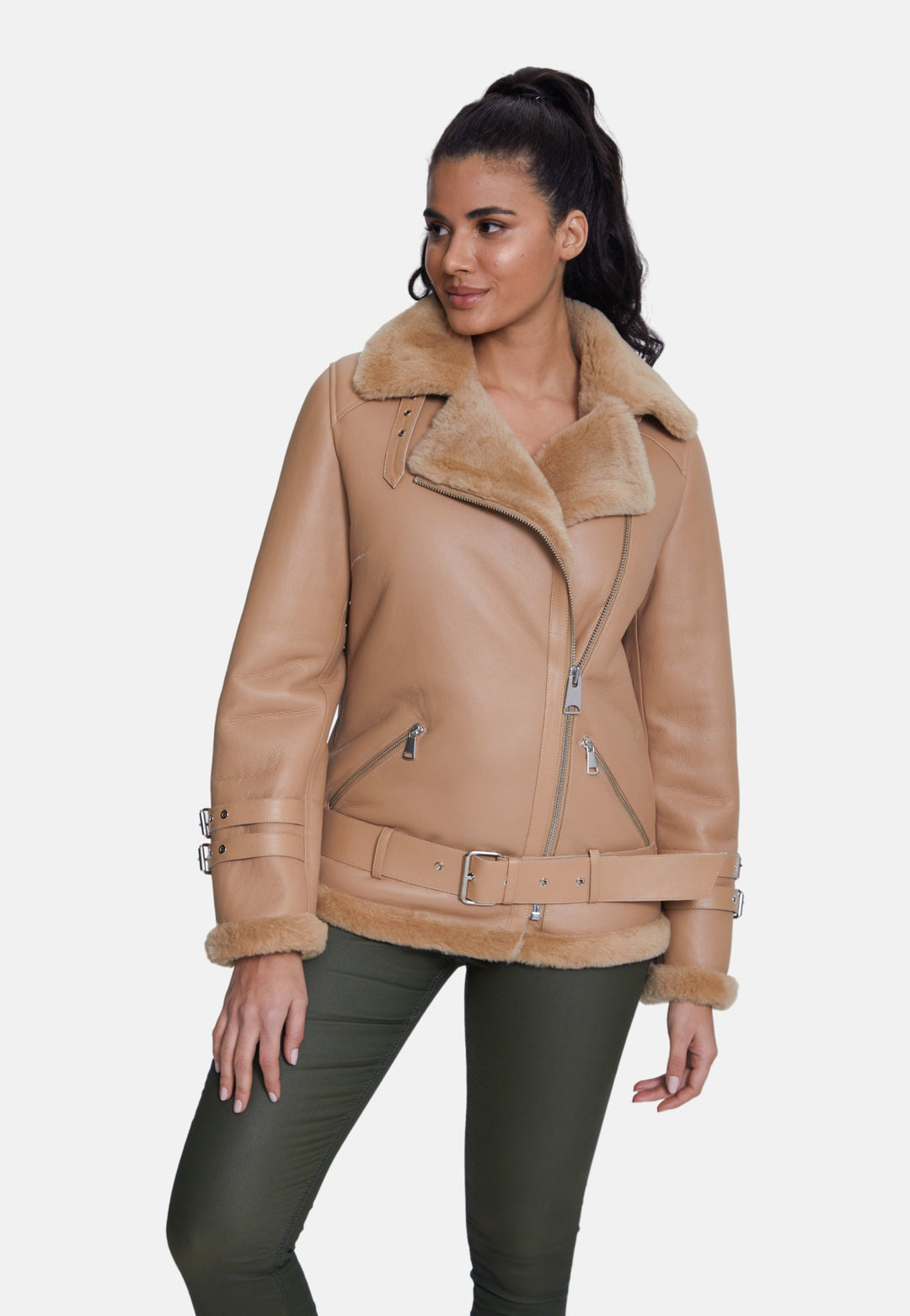 Camel sheepskin jacket on model