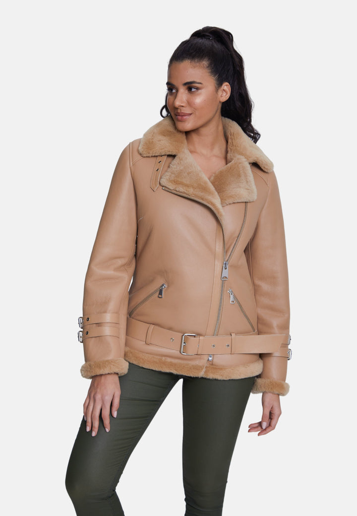 Camel sheepskin jacket on model