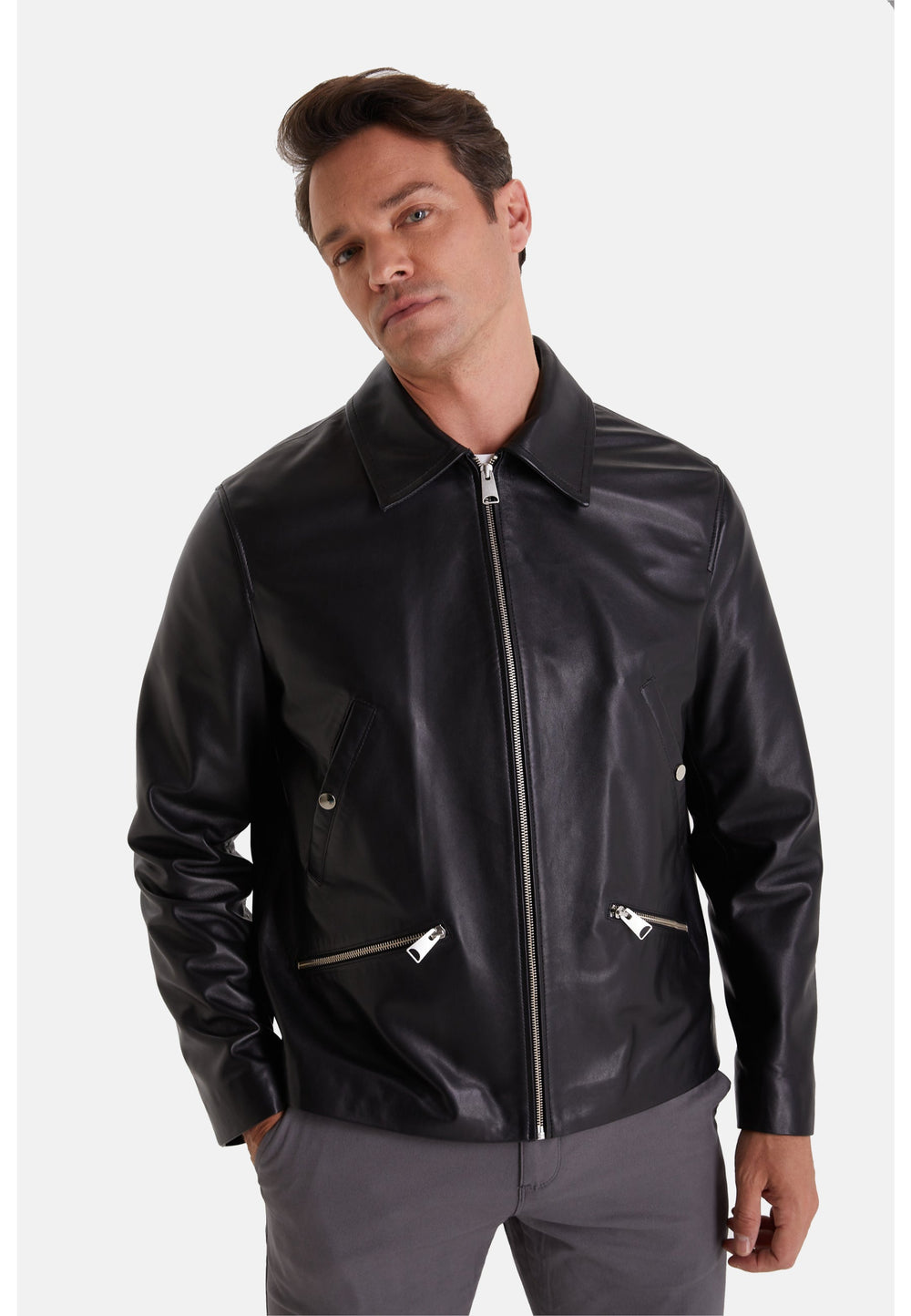 Man wearing black leather jacket