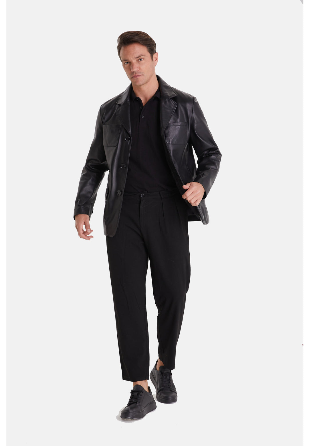 Man wearing black leather jacket