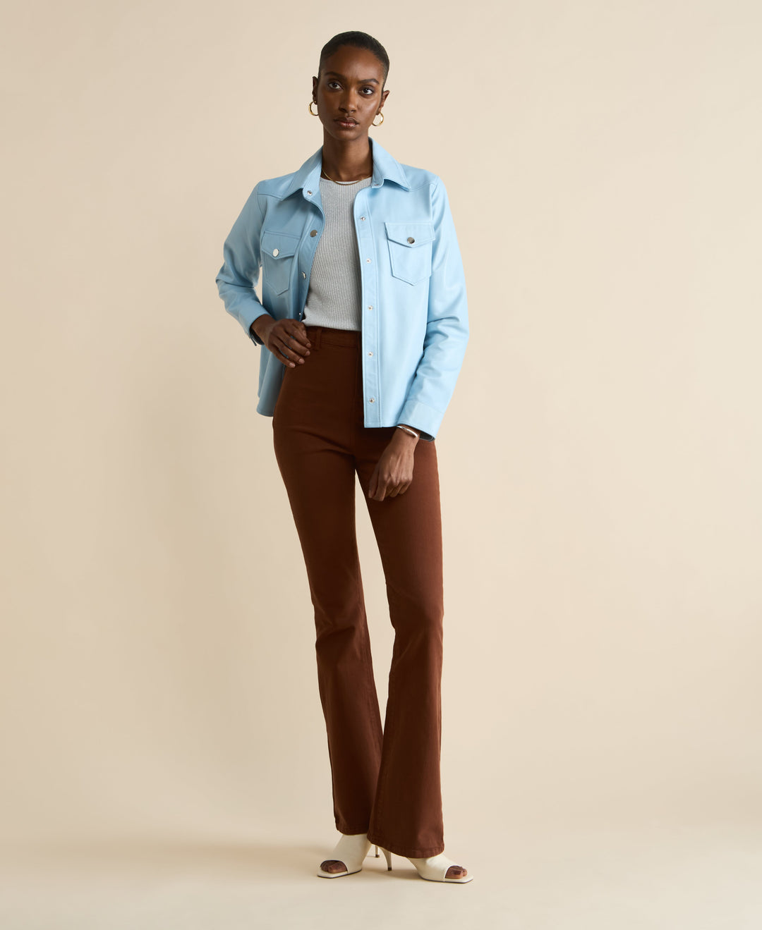 Light blue leather shirt jacket