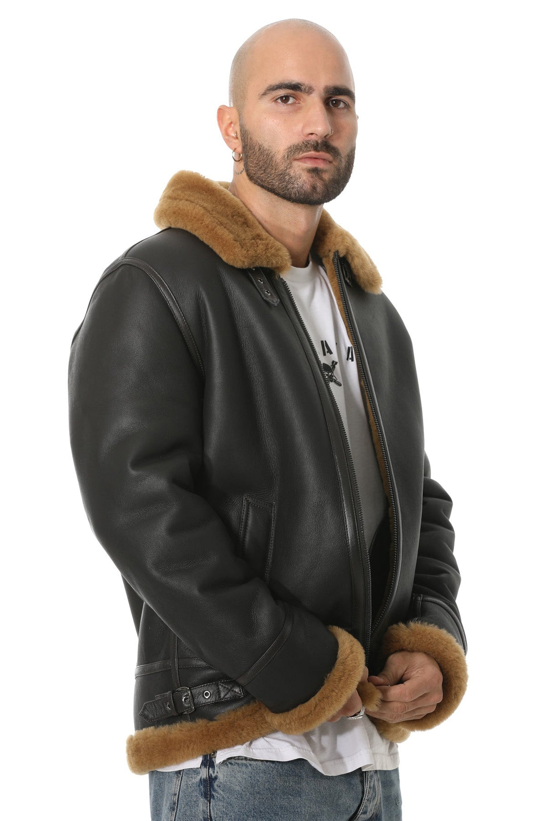 Bald man wearing shearling aviator jacket
