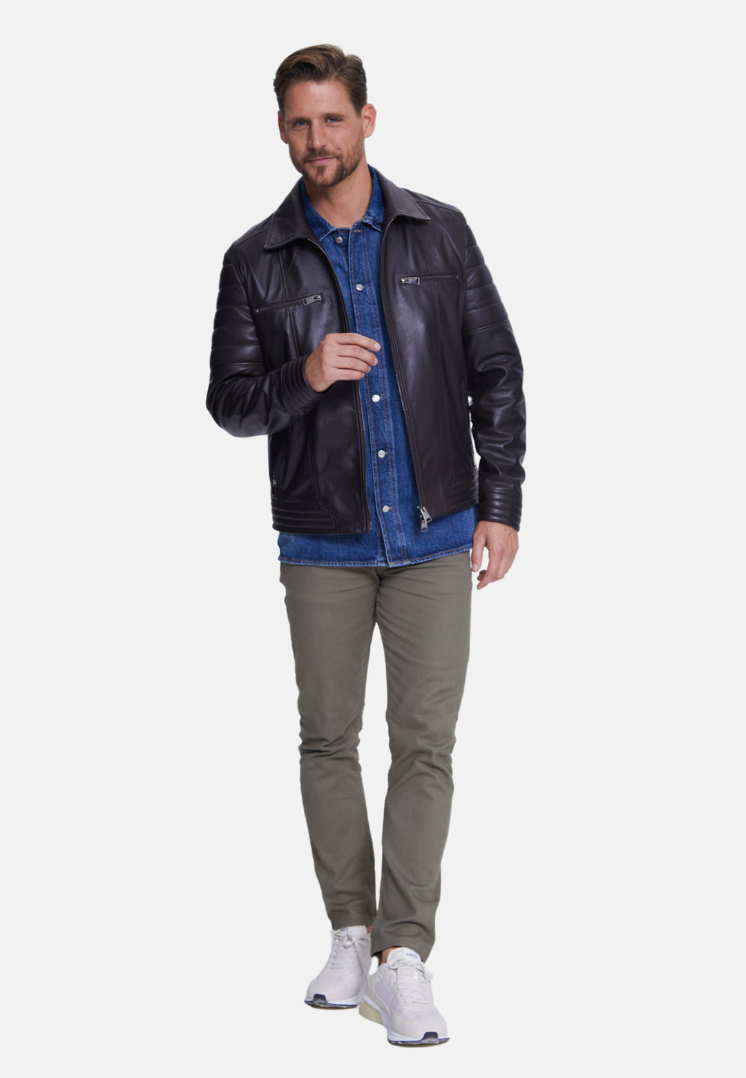 Man wearing black leather jacket