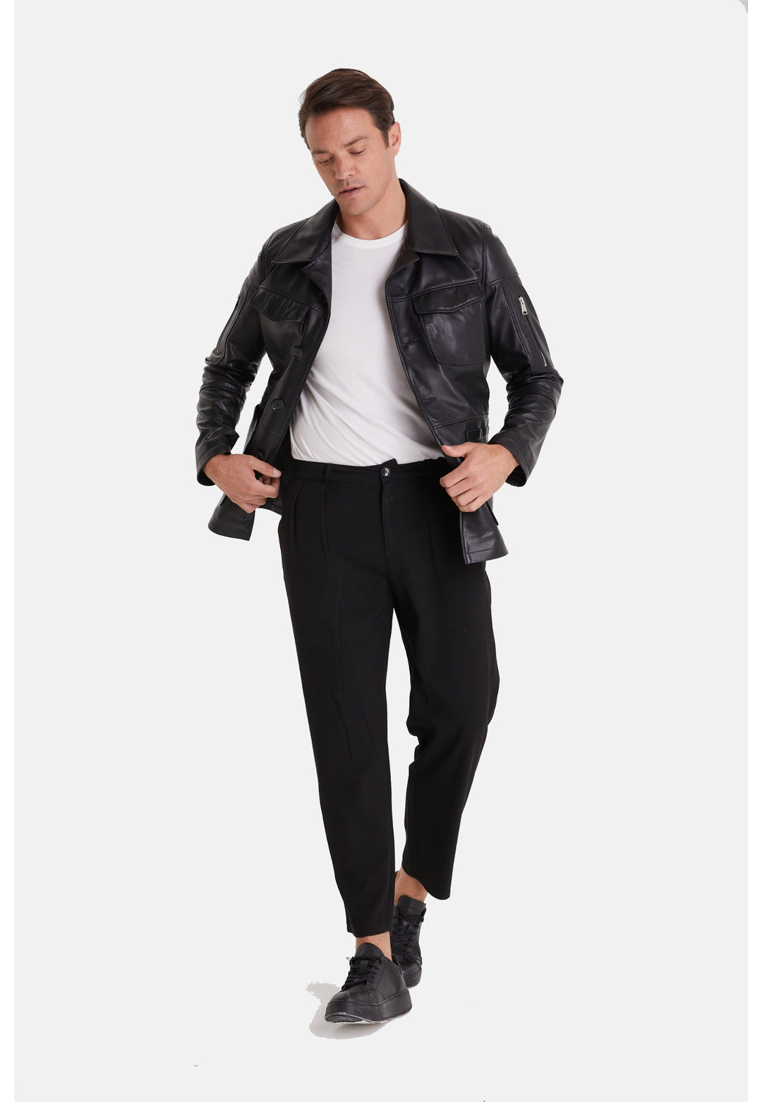 Man wearing black leather jacket