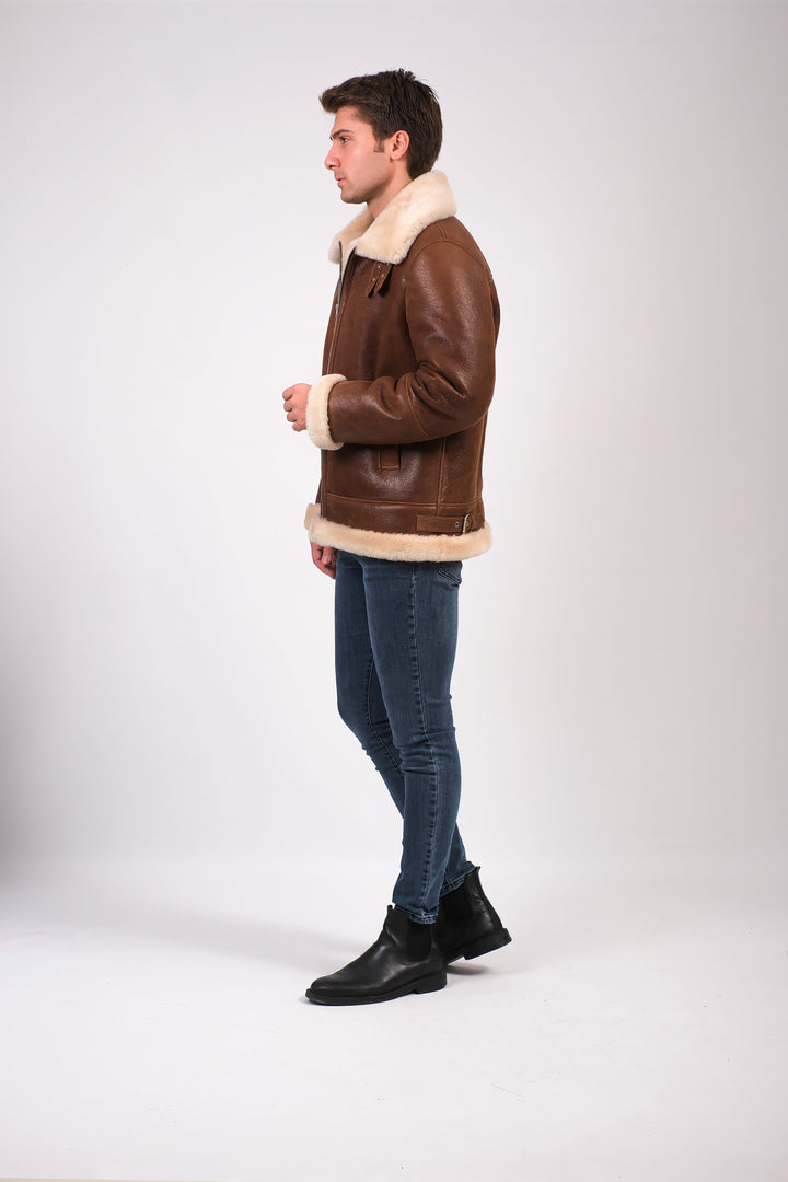 Men's brown shearling aviator jacket