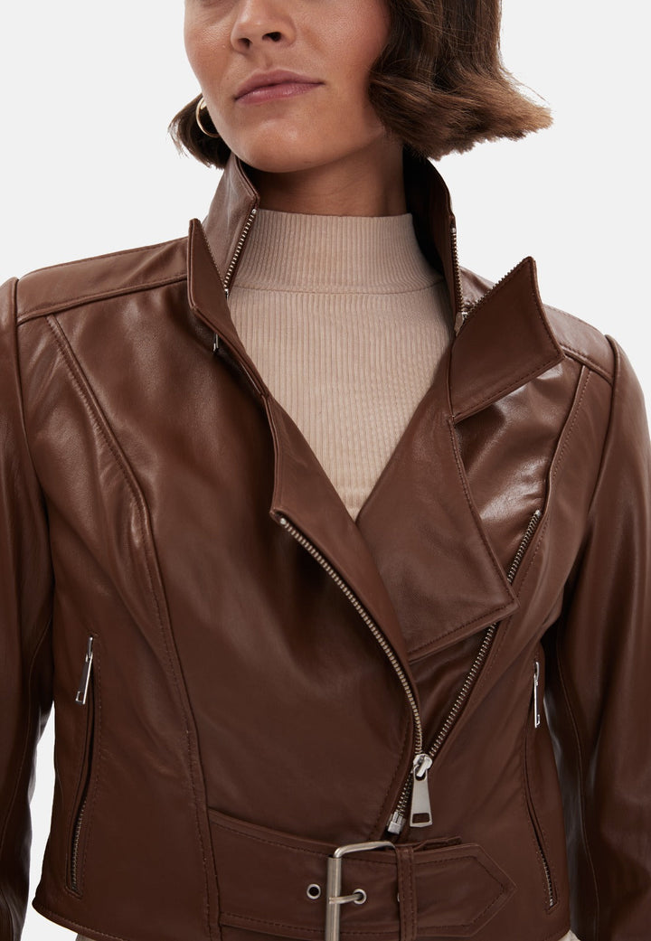Brown leather biker jacket on model