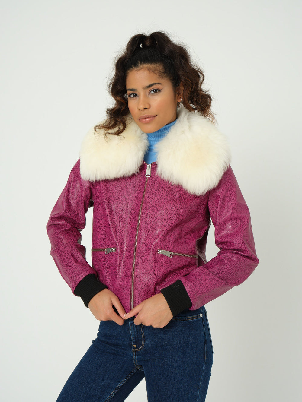 Pink bomber jacket with white fur collar