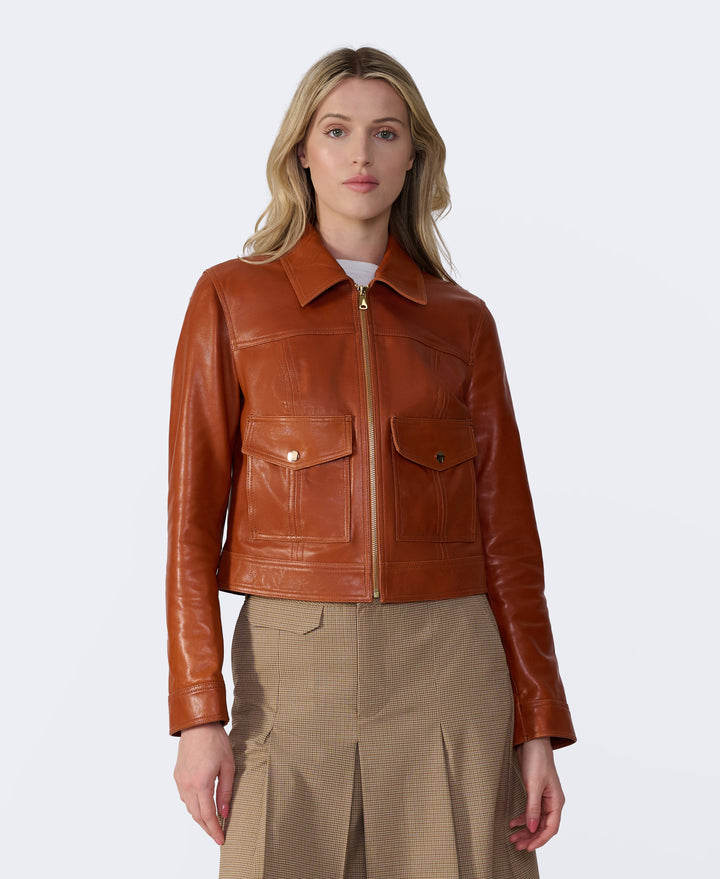 Brown leather zip jacket on model