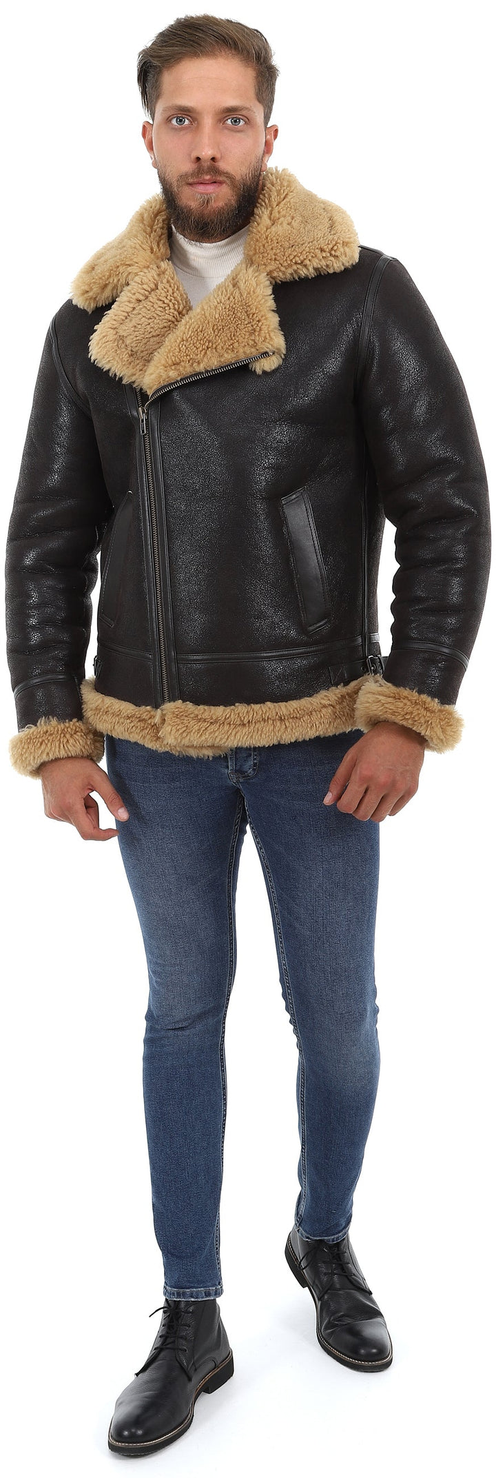 Black shearling aviator jacket on model