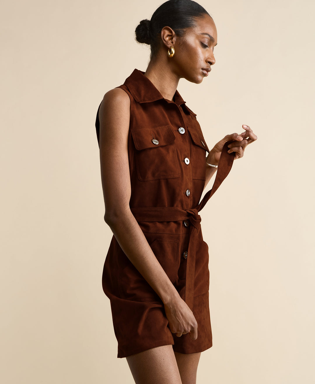Brown suede belted sleeveless romper