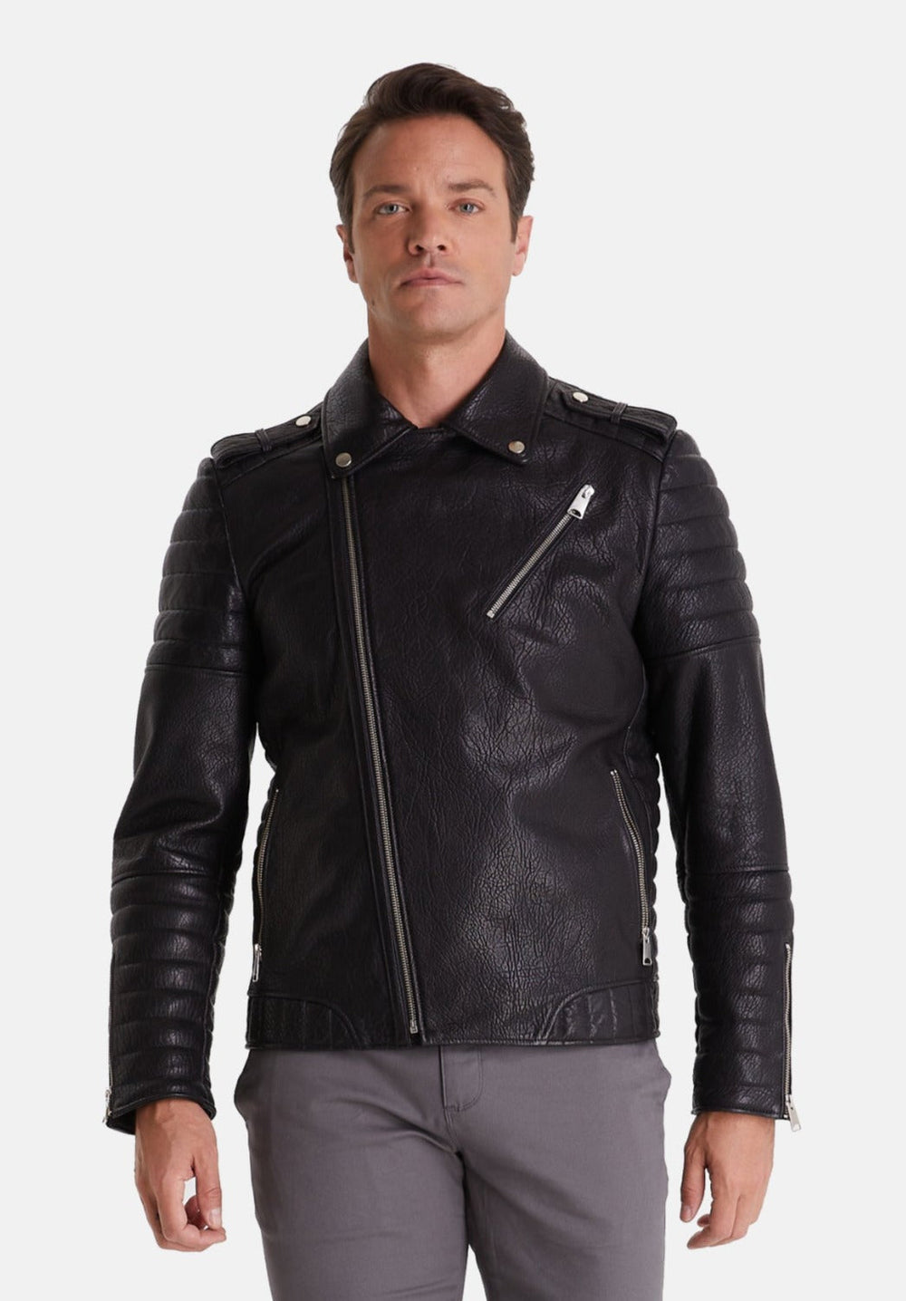 Man wearing black leather biker jacket