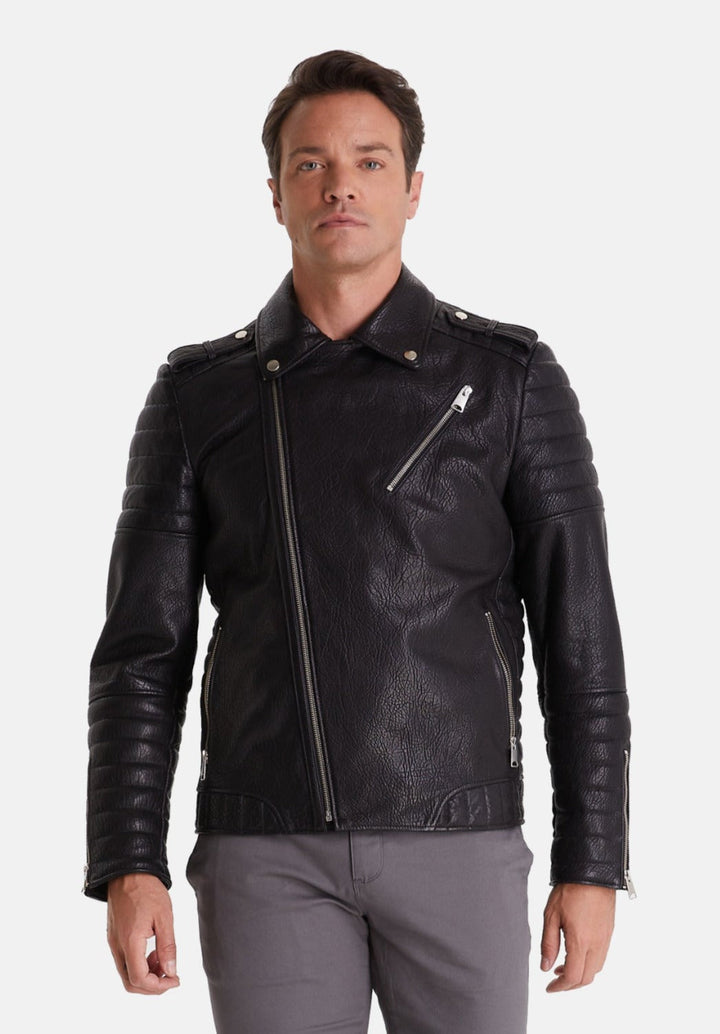 Man wearing black leather biker jacket