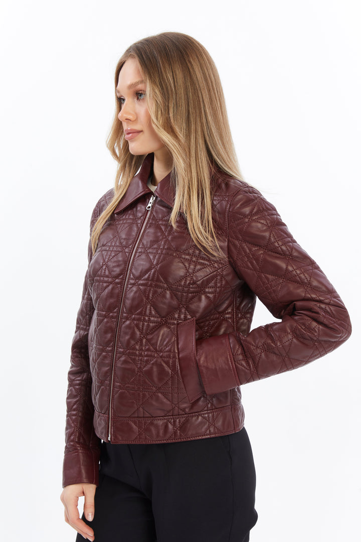 Burgundy quilted leather jacket - front zip