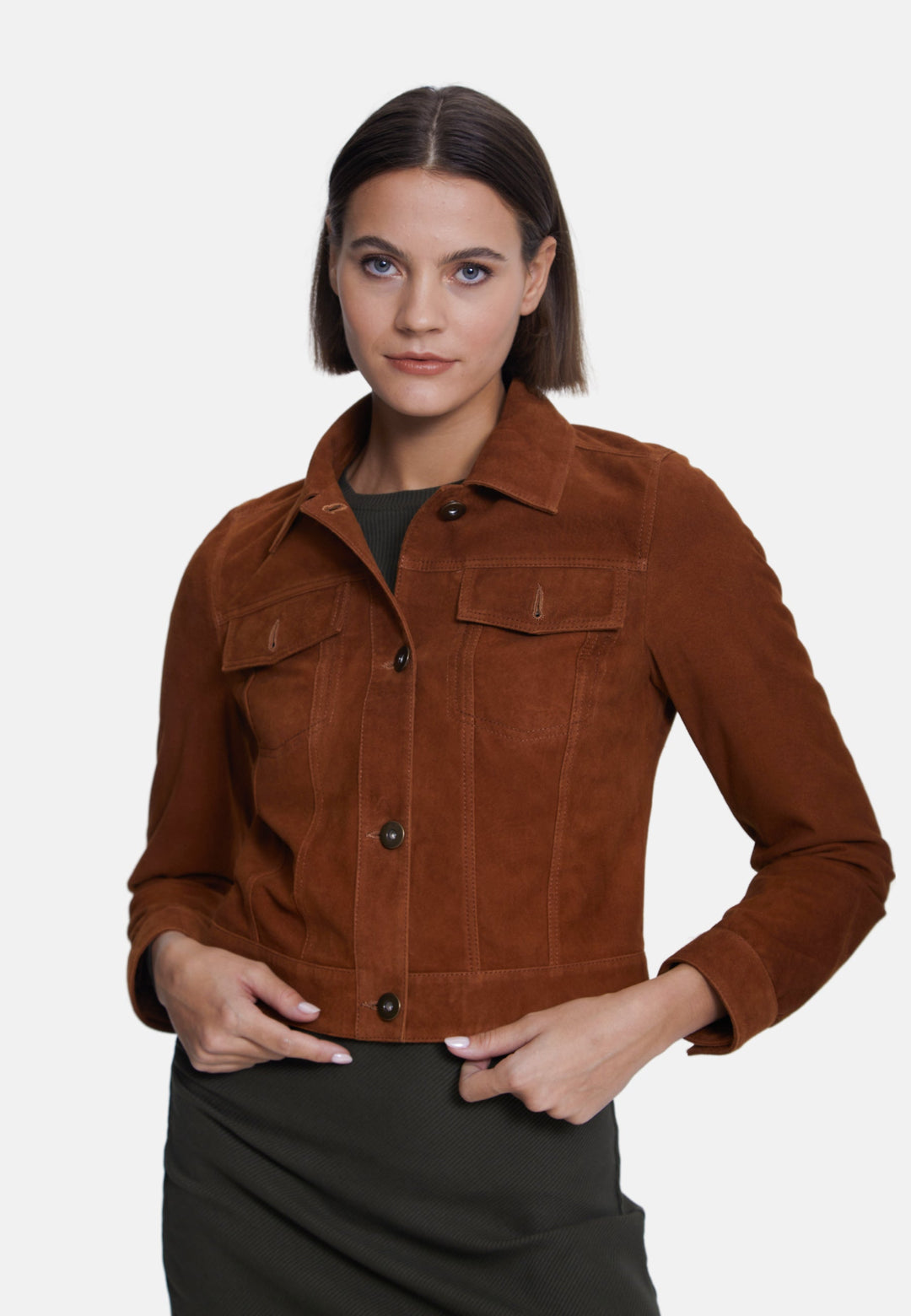 Brown suede cropped jacket on model