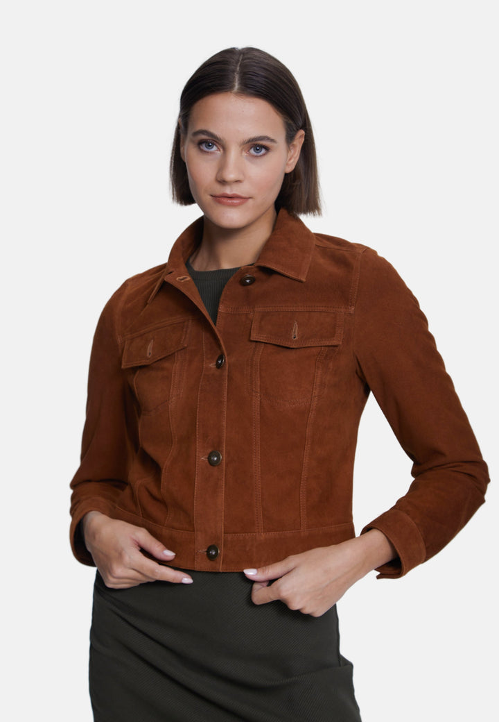 Brown suede cropped jacket on model