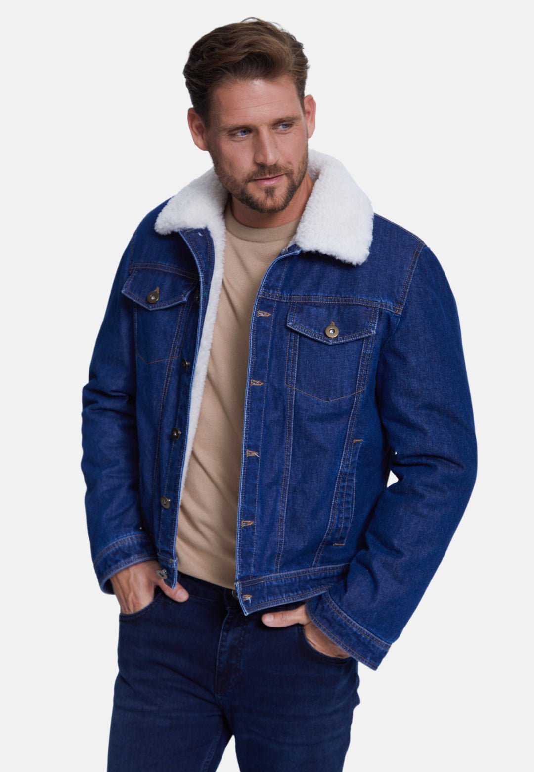 Men's blue denim jacket with shearling collar