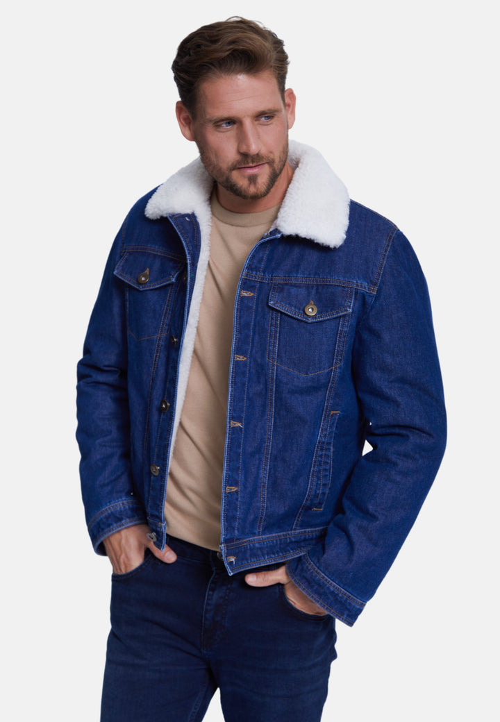 Men's blue denim jacket with shearling collar