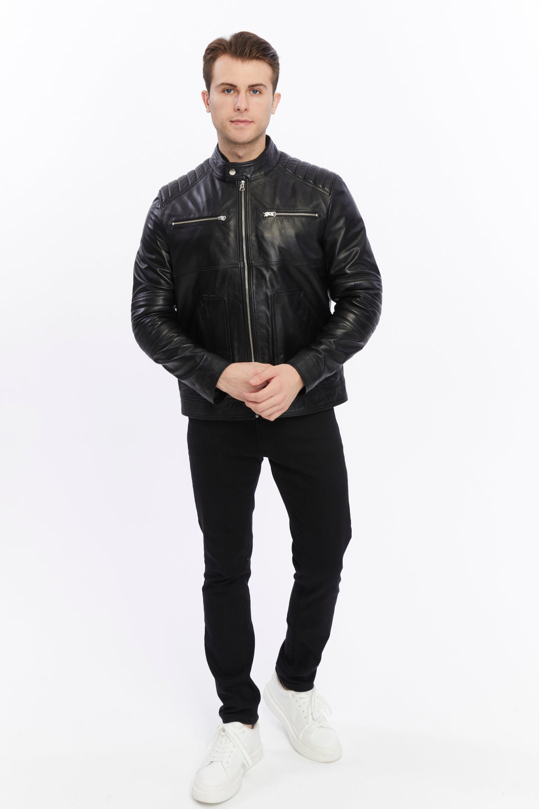 Man wearing black leather jacket