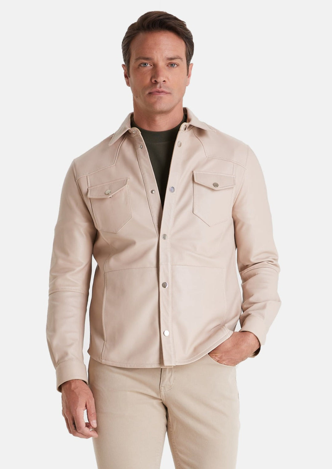 Man wearing beige leather shirt-jacket