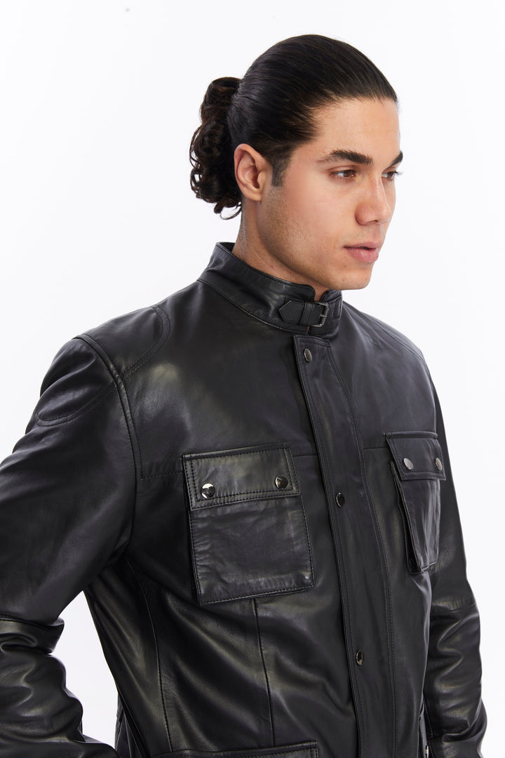Man wearing black leather jacket