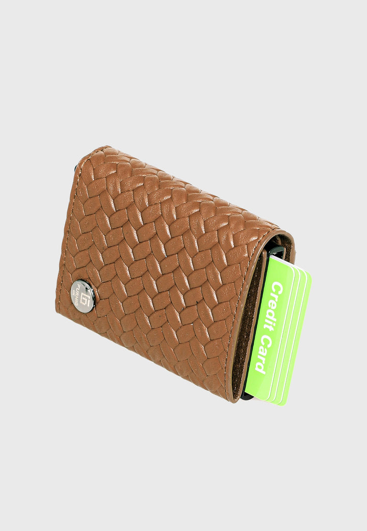 Tan woven genuine leather card holder