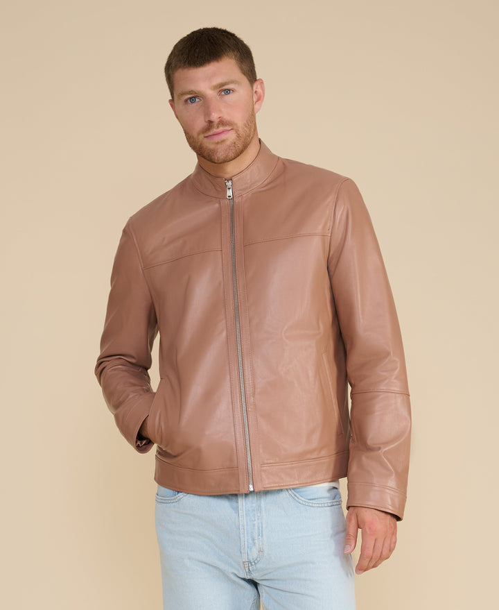 Tan racer leather jacket on model