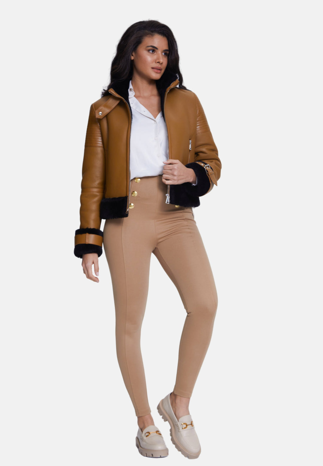 Brown sheepskin jacket on model