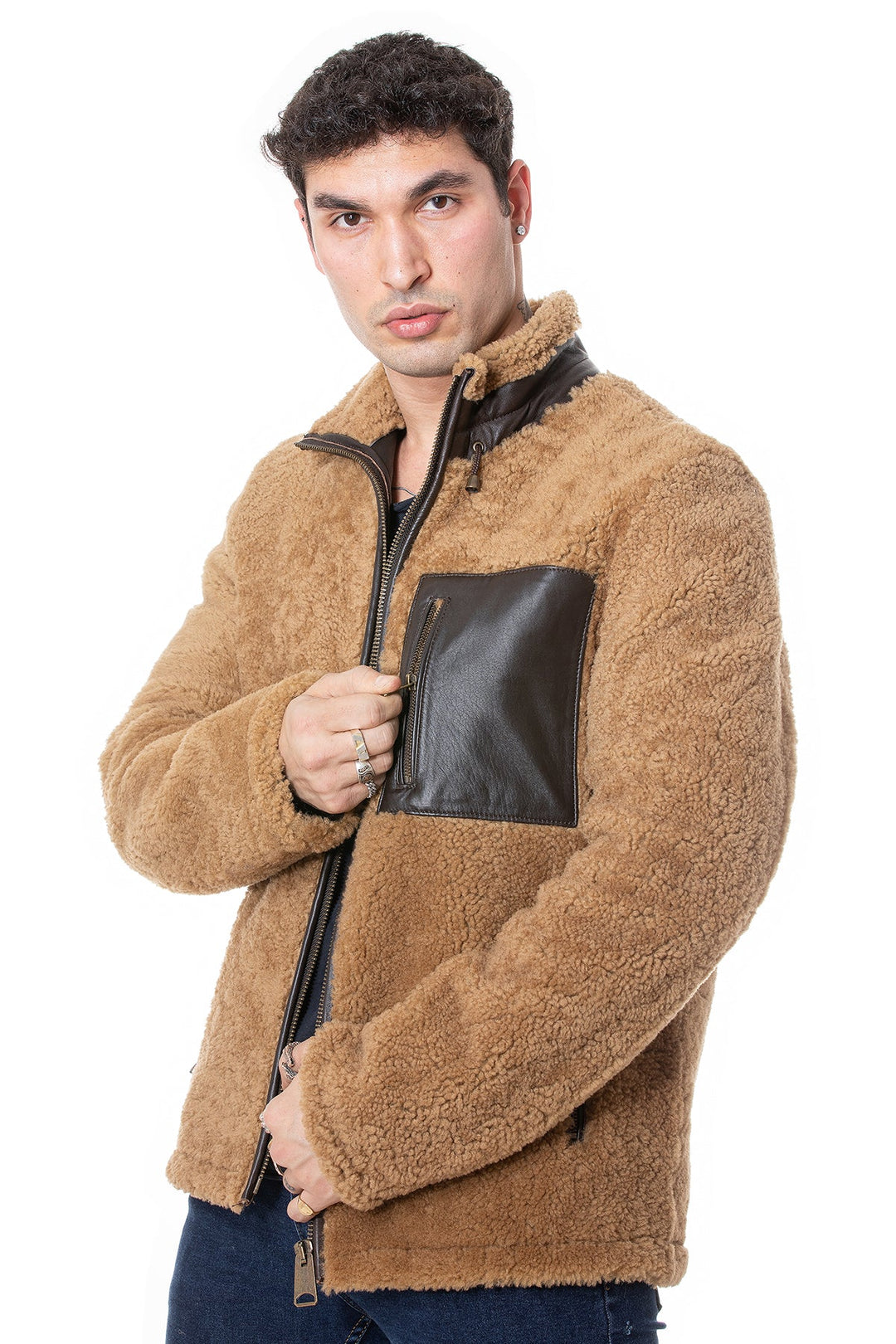 Male model in tan teddy coat