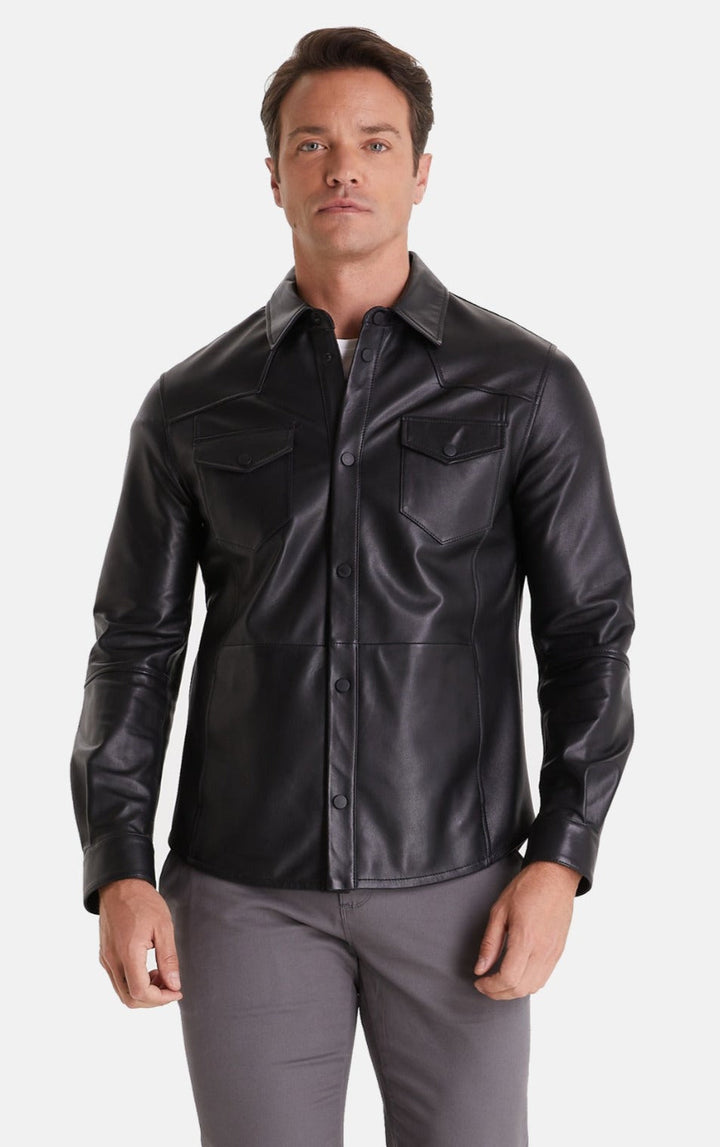 Man wearing black leather jacket