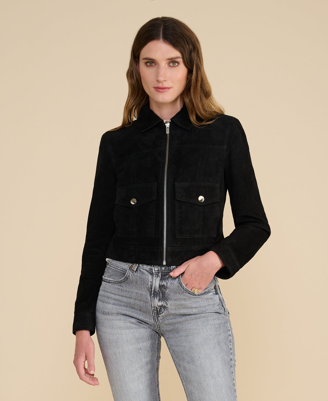 Black suede zip jacket on model