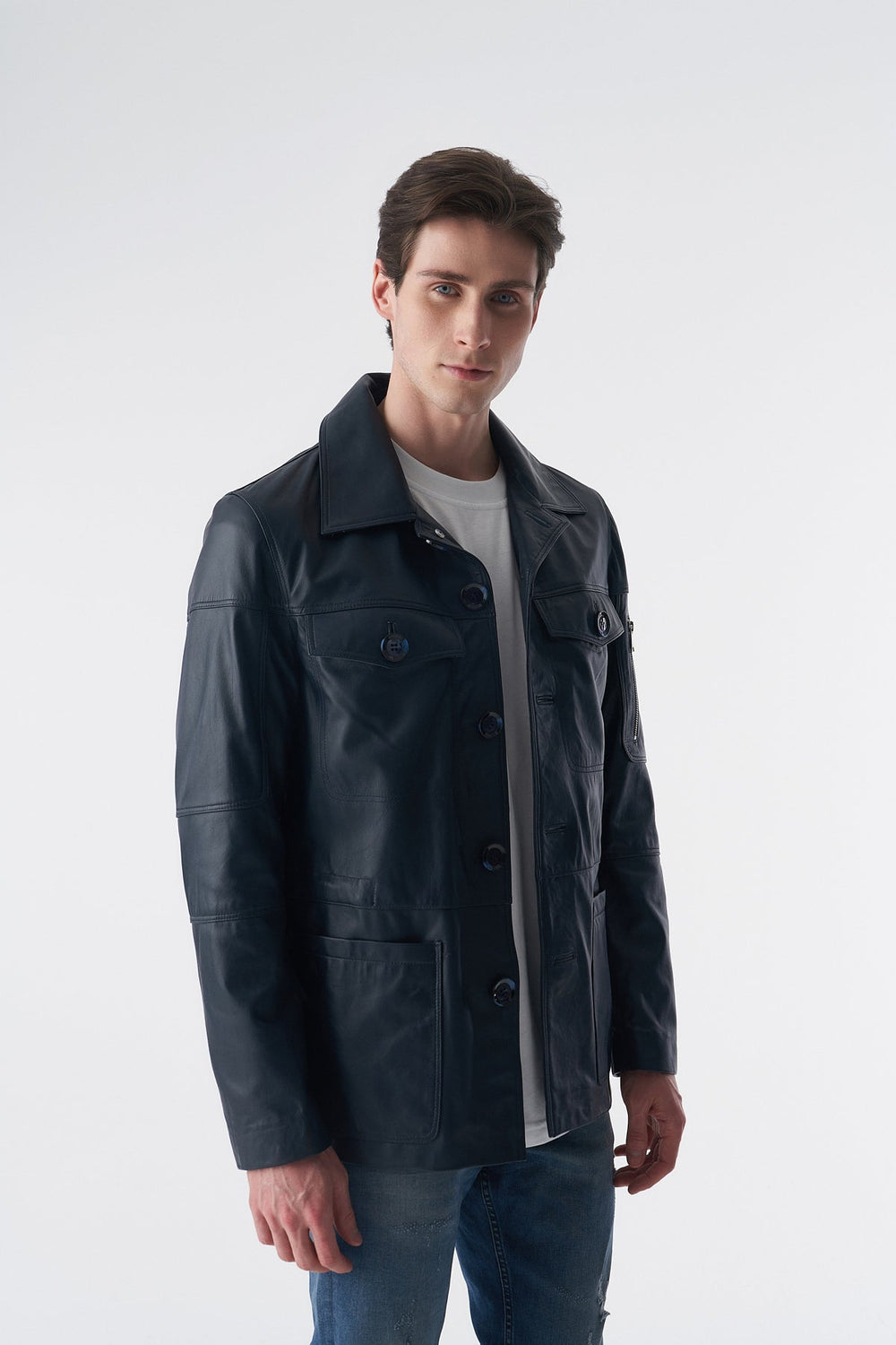 Male model wearing navy leather jacket