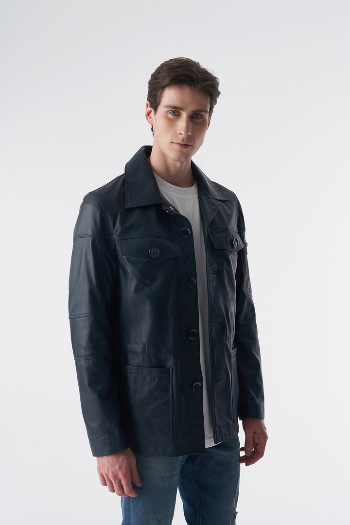Male model wearing navy leather jacket