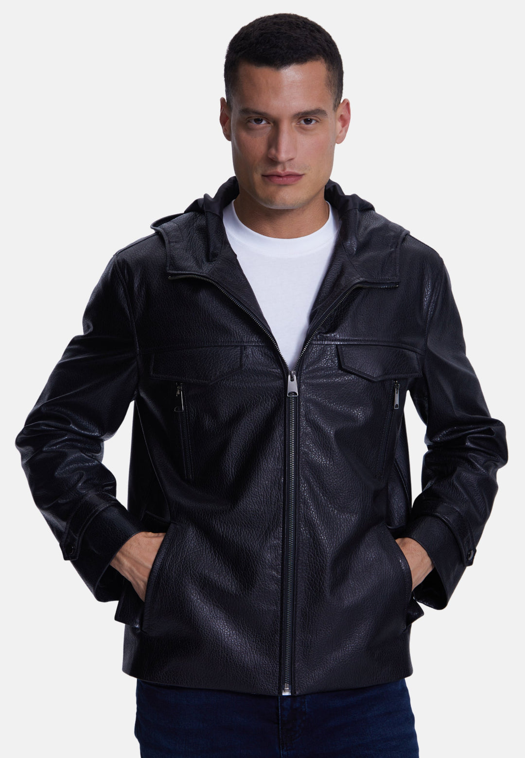 Man wearing black leather jacket