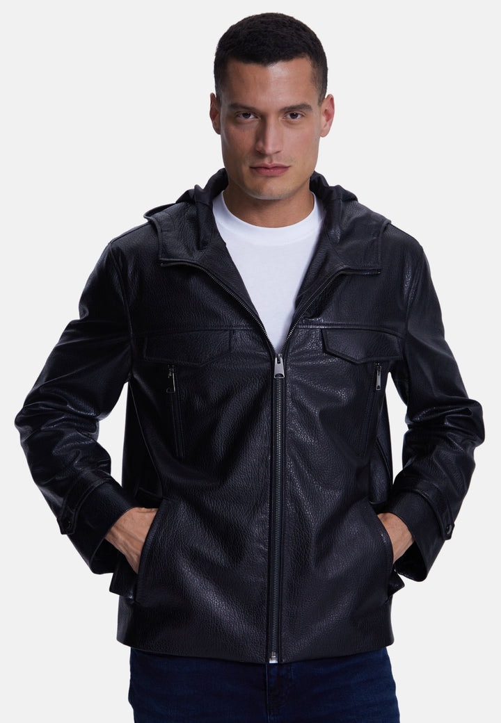 Man wearing black leather jacket