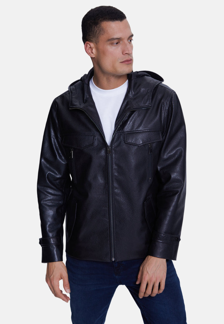 Man wearing black leather hooded jacket