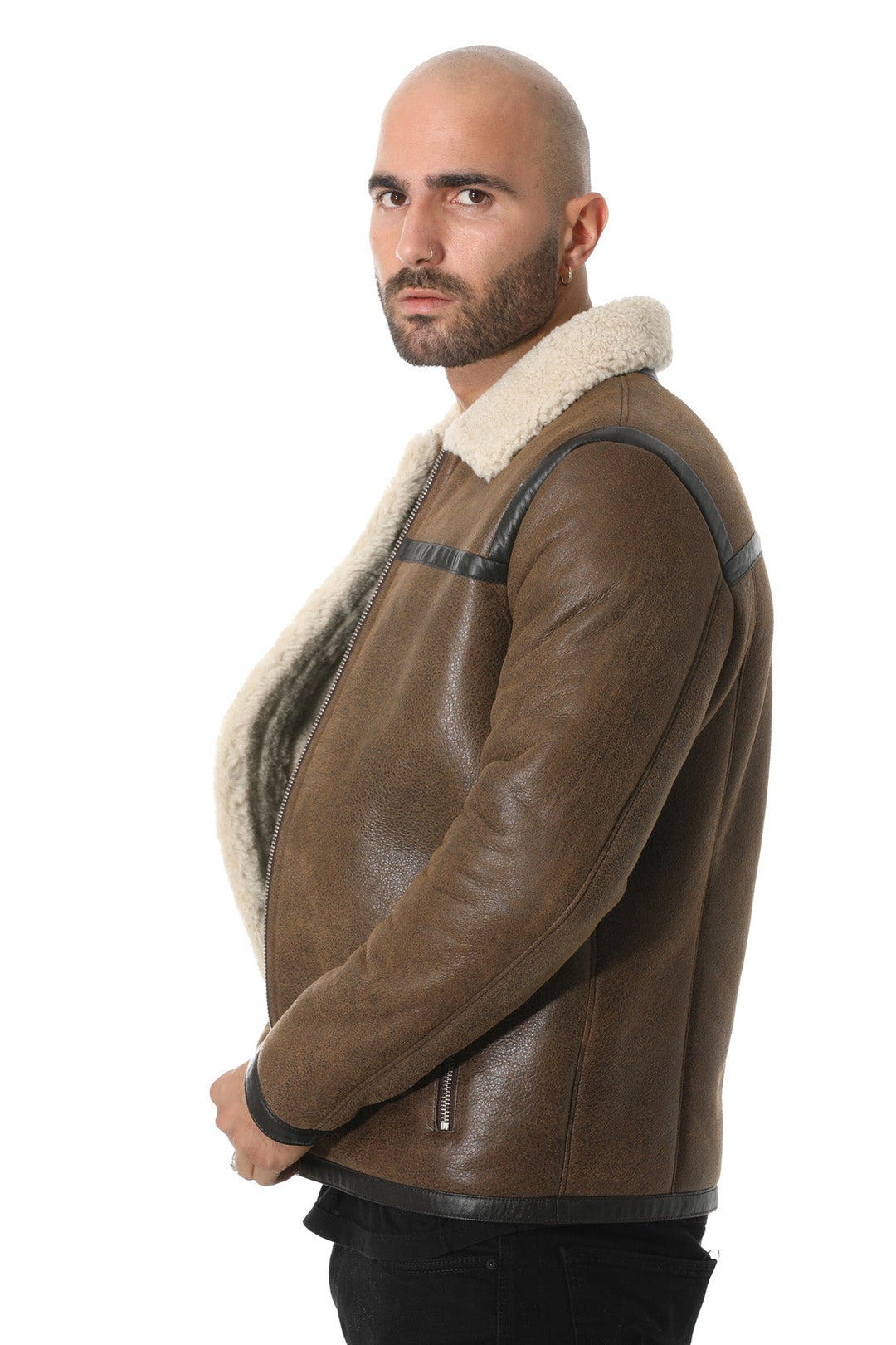 Man in brown sheepskin jacket