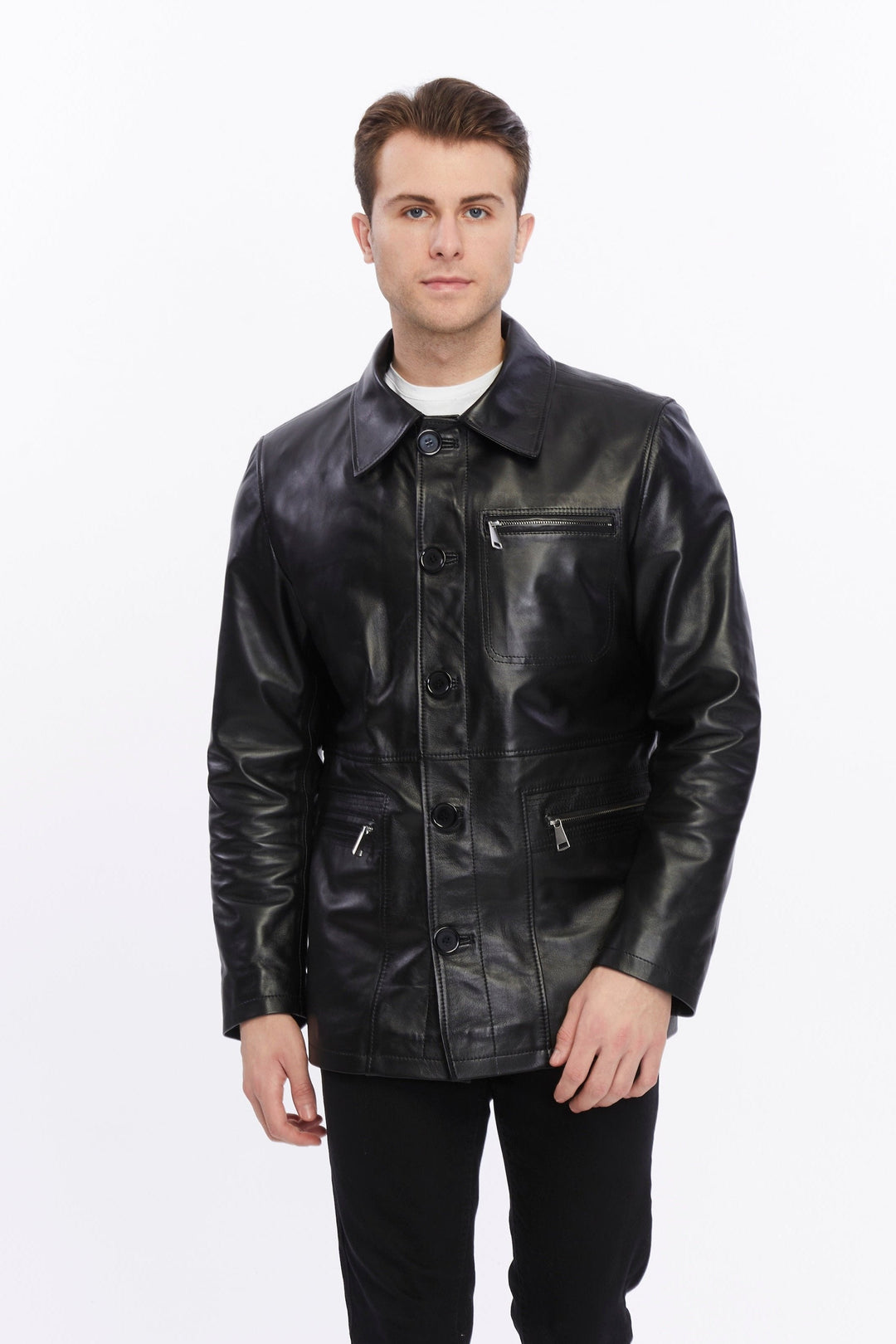 Man wearing black leather jacket