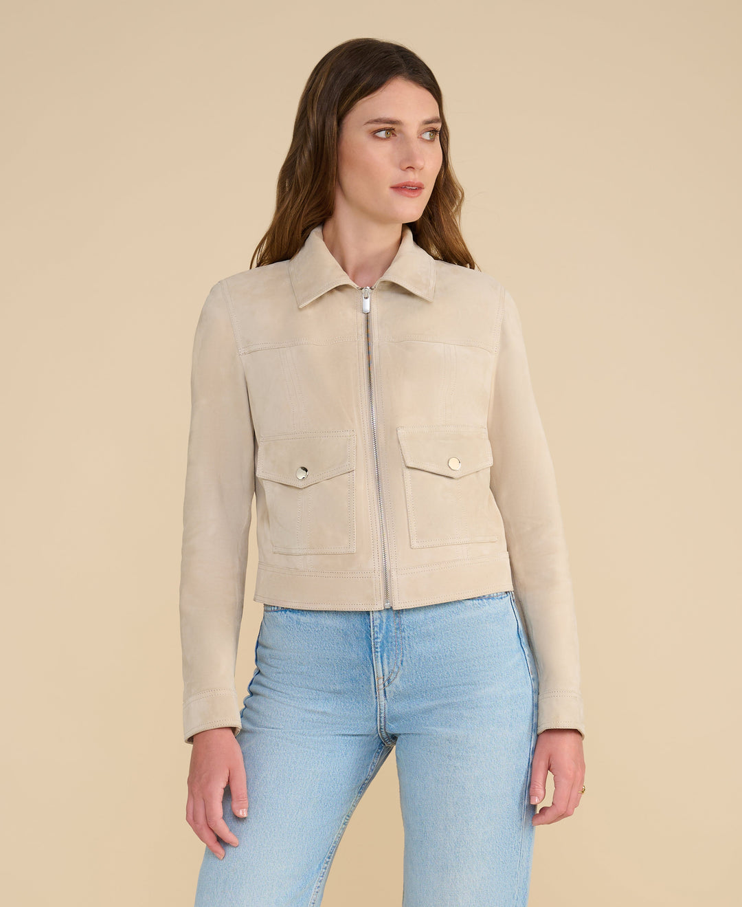 Beige suede zip jacket with pockets