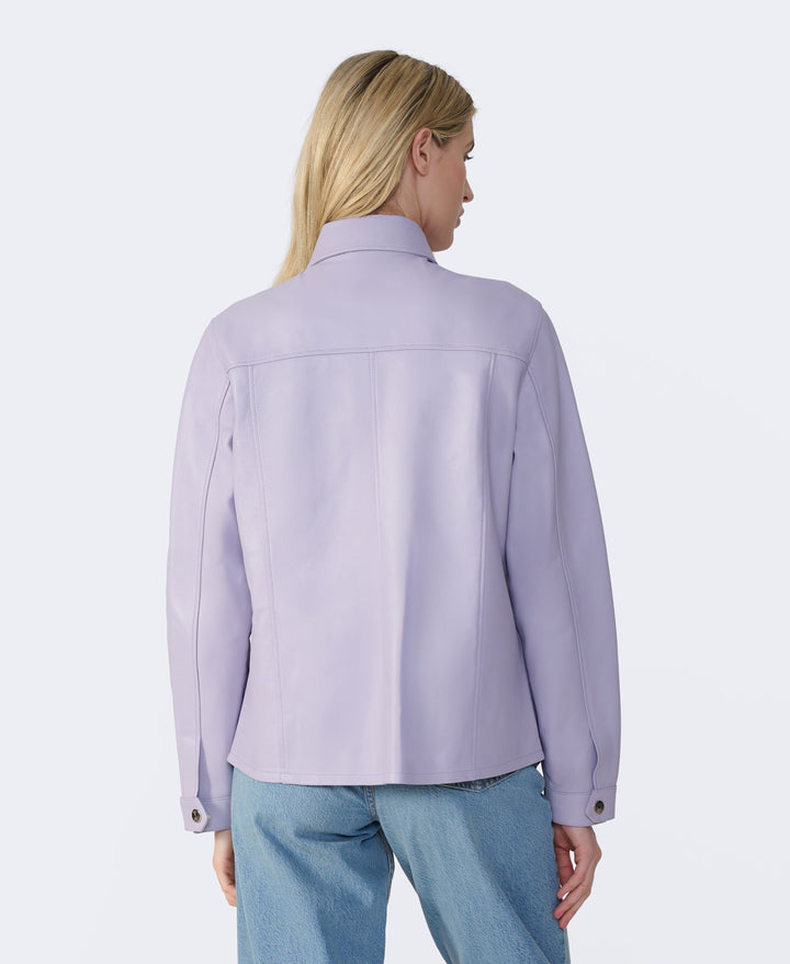 Lilac leather shirt jacket back view