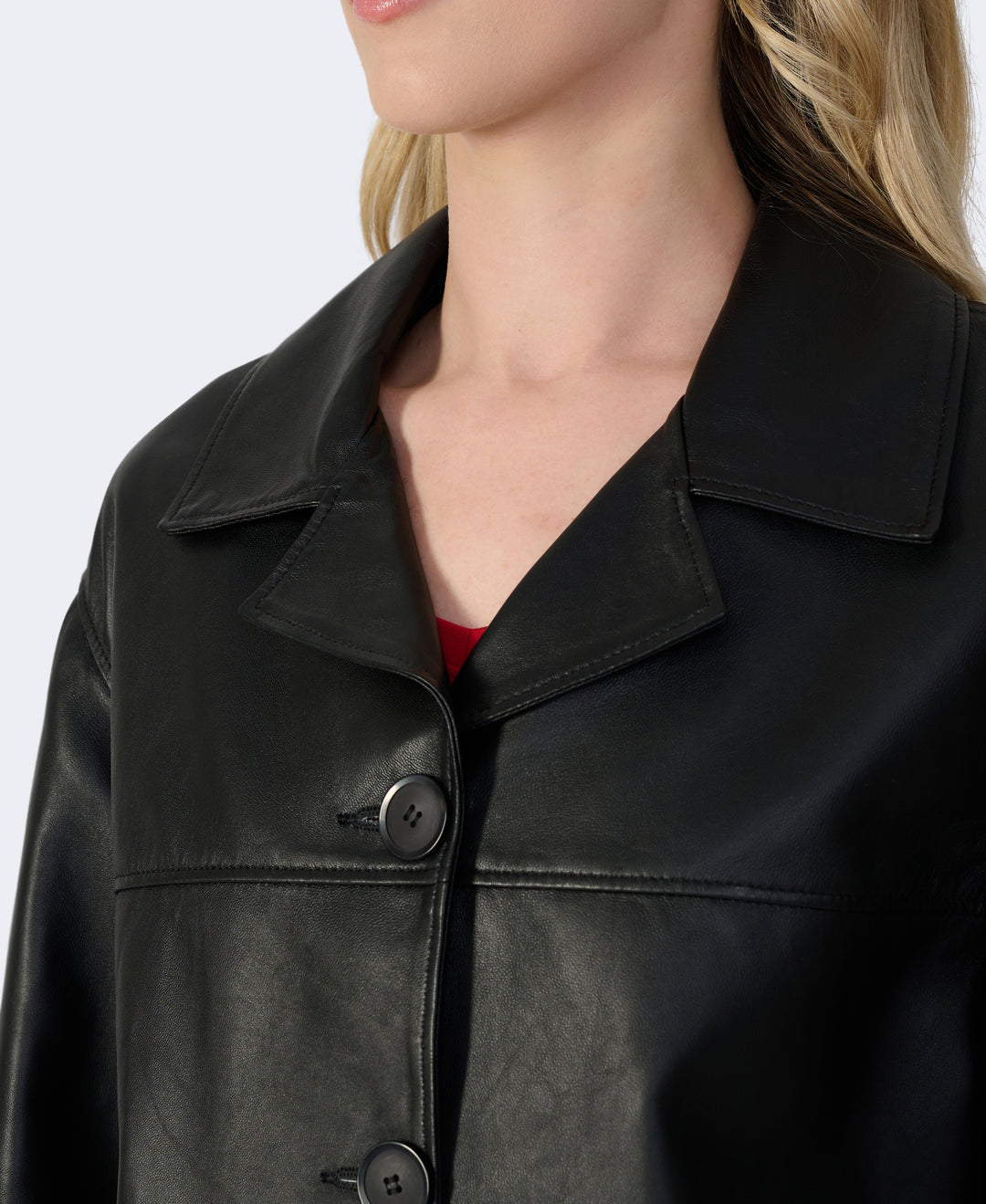 Black leather jacket on female model