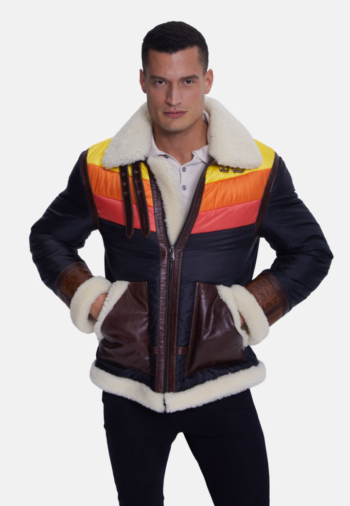 Man wearing brown shearling aviator jacket