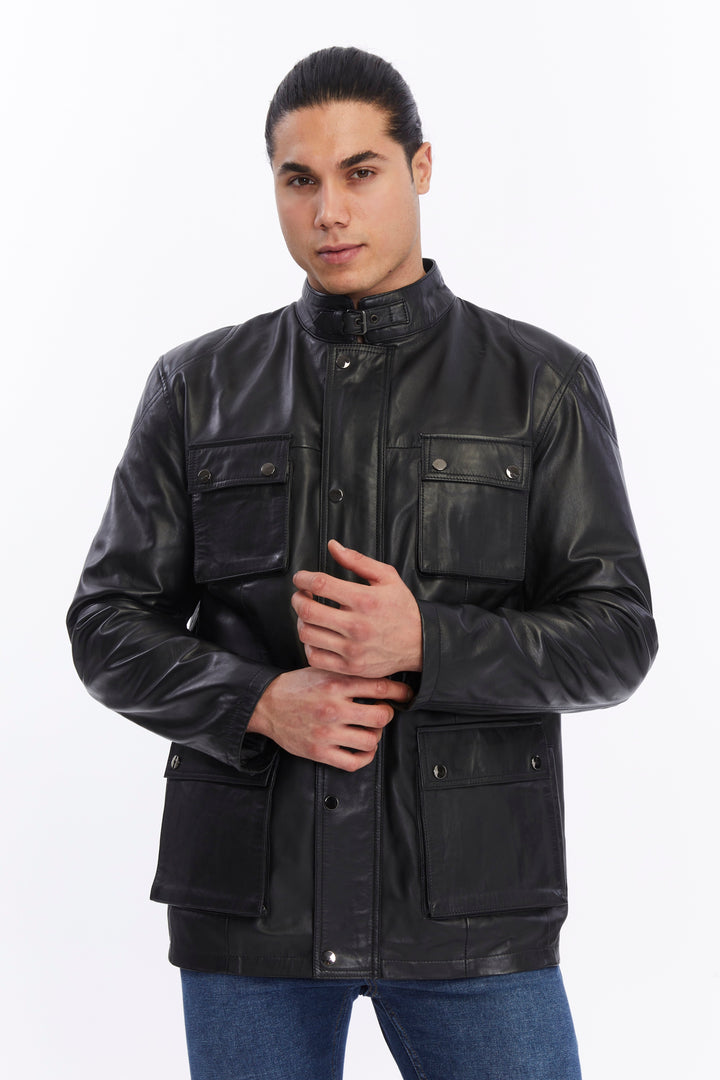 Man wearing black leather jacket