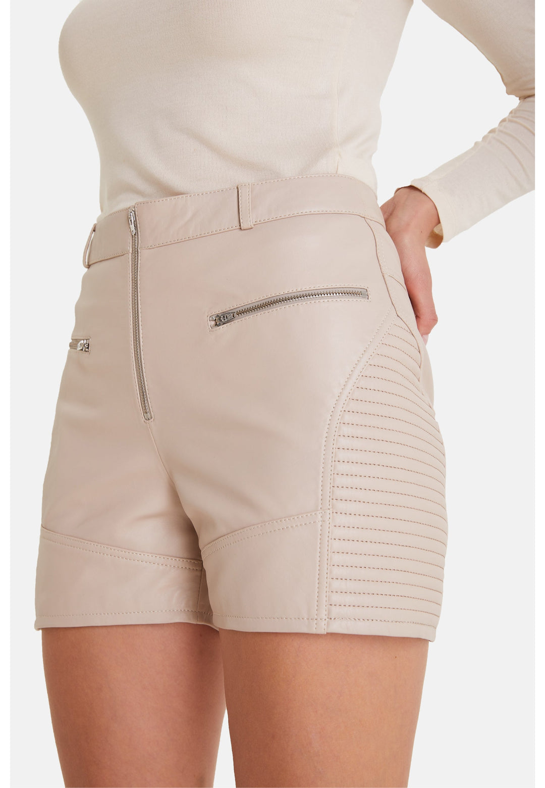 Beige high-waist leather shorts