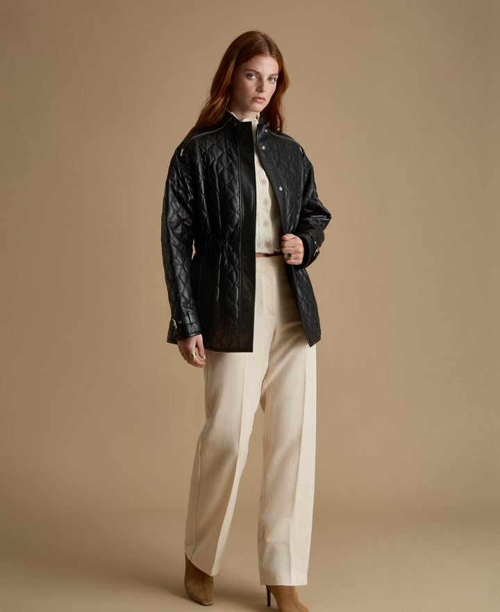Black quilted leather coat on model