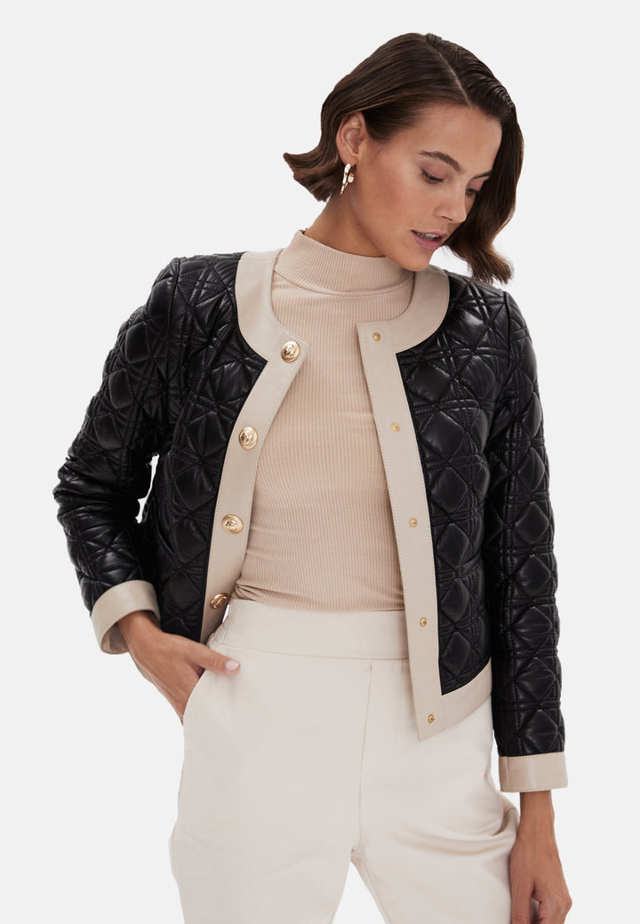 Black quilted leather jacket with beige trim