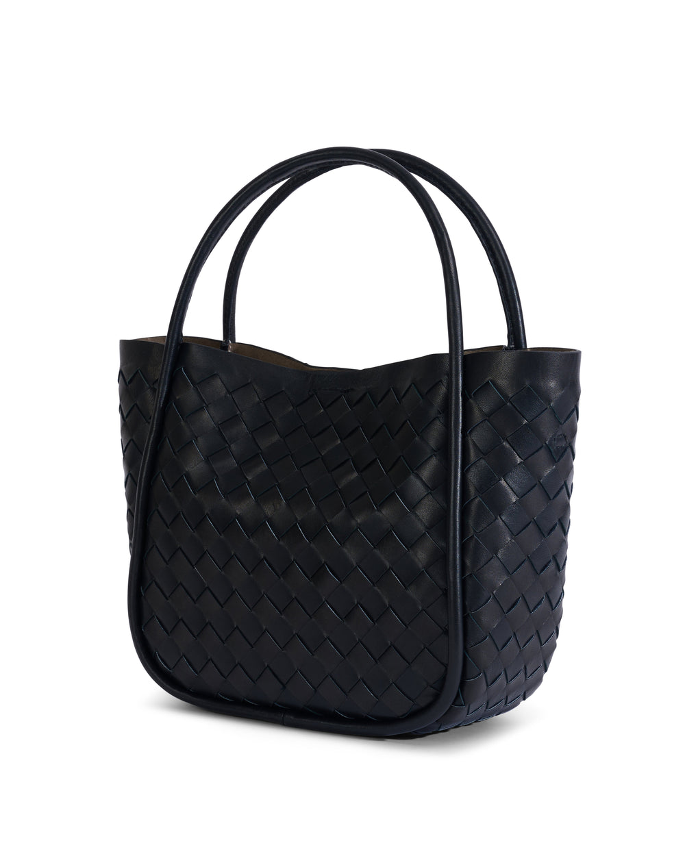 Black woven leather top-handle tote